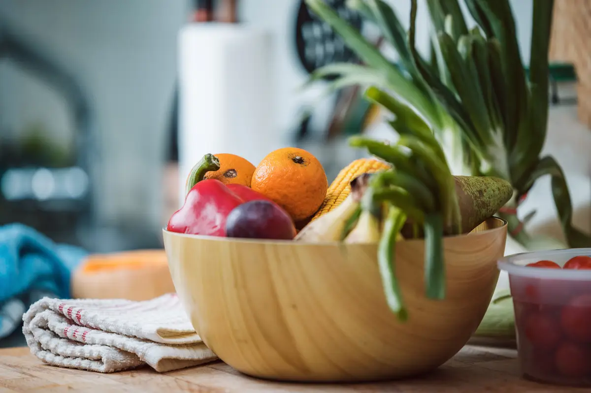 Healthy and healthy food with fruits vegetables and greens