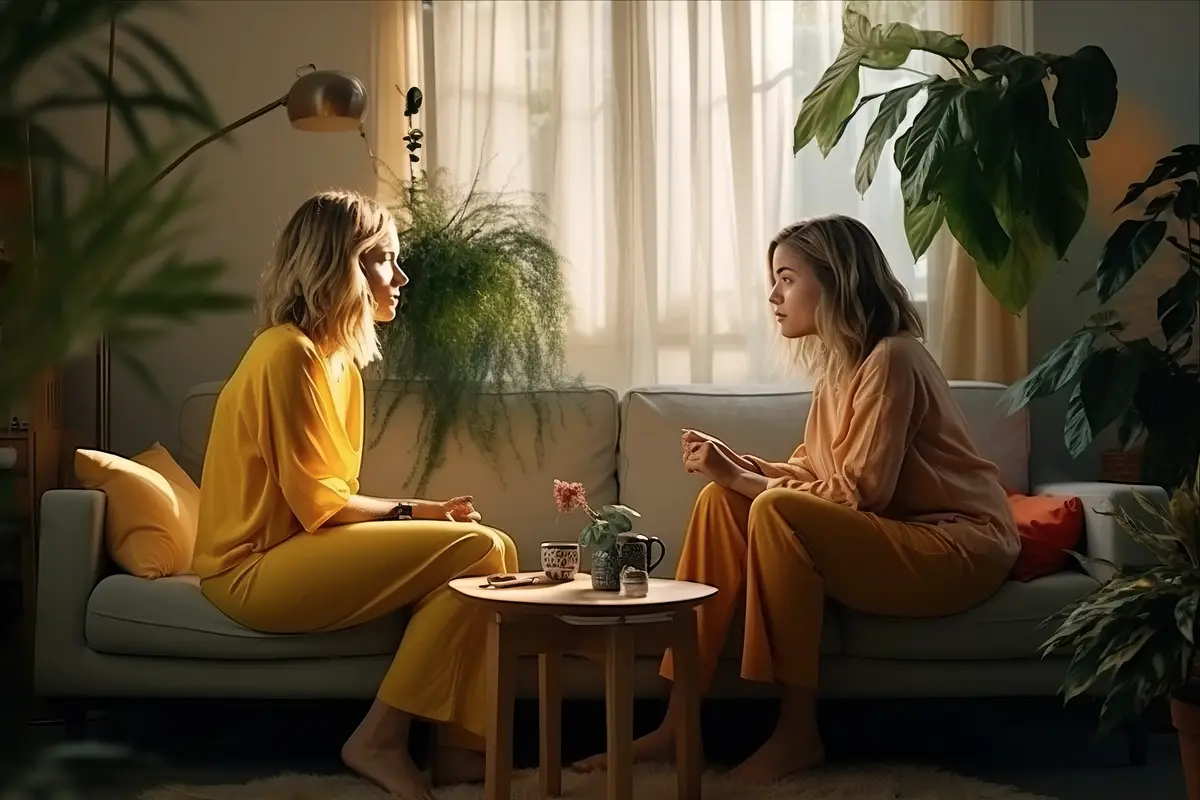 Two women in pajamas sitting on a sofa talking and drinking coffee