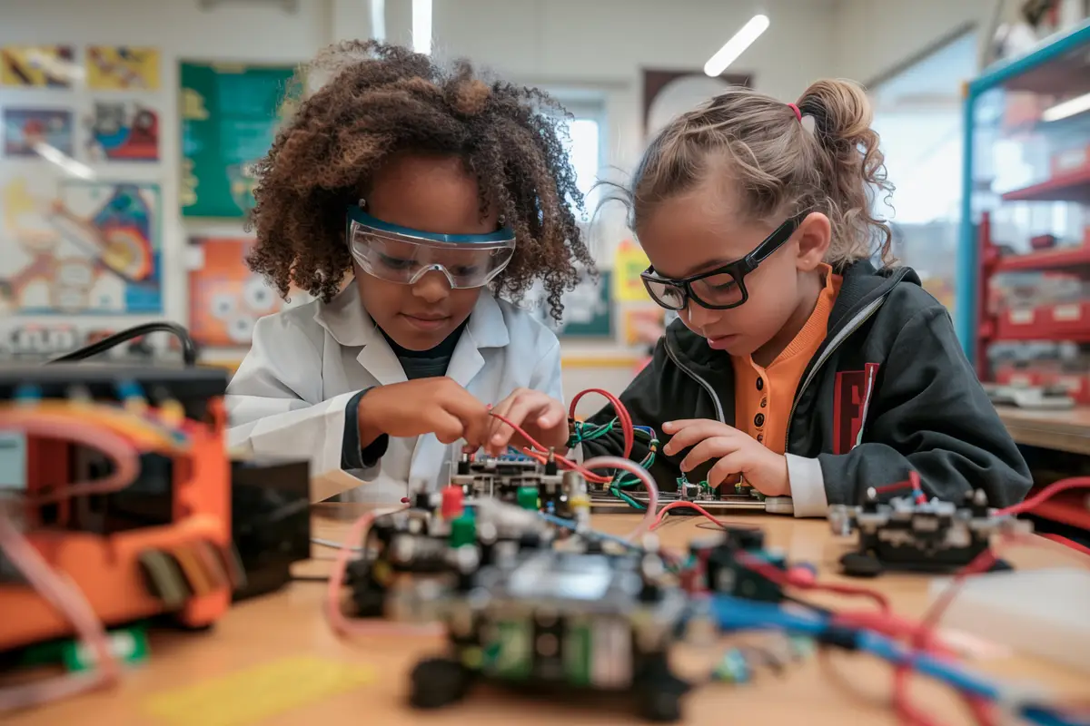Two young girls collaborating on a robotics project in the robotics classroom