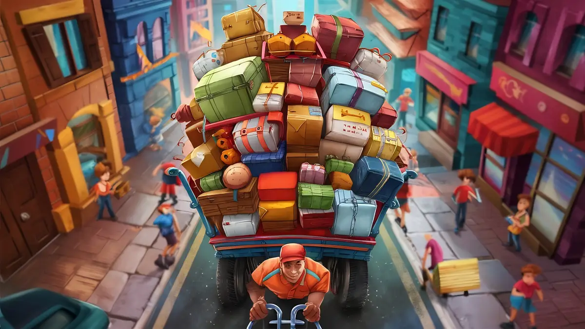 Top view delivery man carrying delivery cart