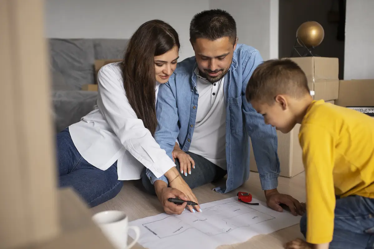 Medium shot family ready to move into a new home