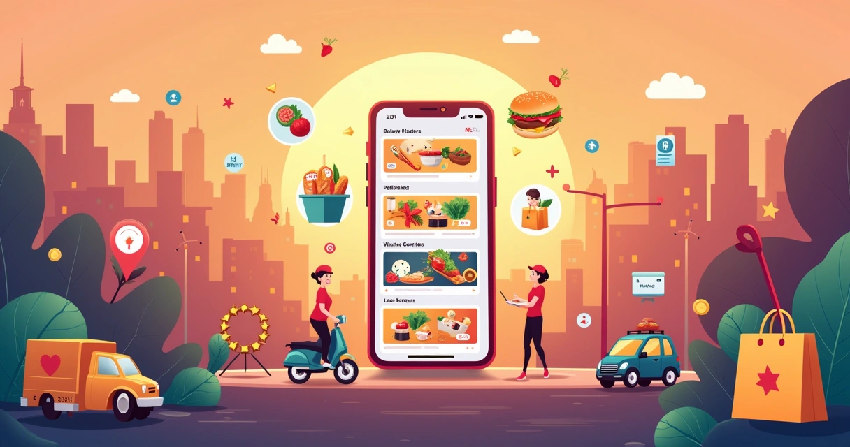 Ilustração do aplicativo 99Food com serviços de entrega de comida e transporte em uma cidade movimentada.