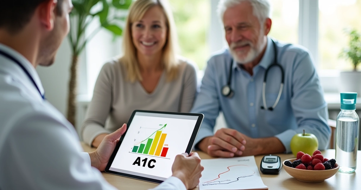 Mature couple at doctor consultation reviewing A1C results on digital tablet 