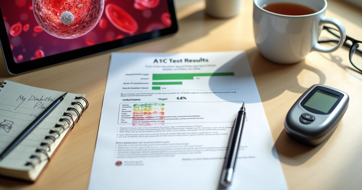 A1C blood test report on a desk with glucose meter and red blood cell illustration 