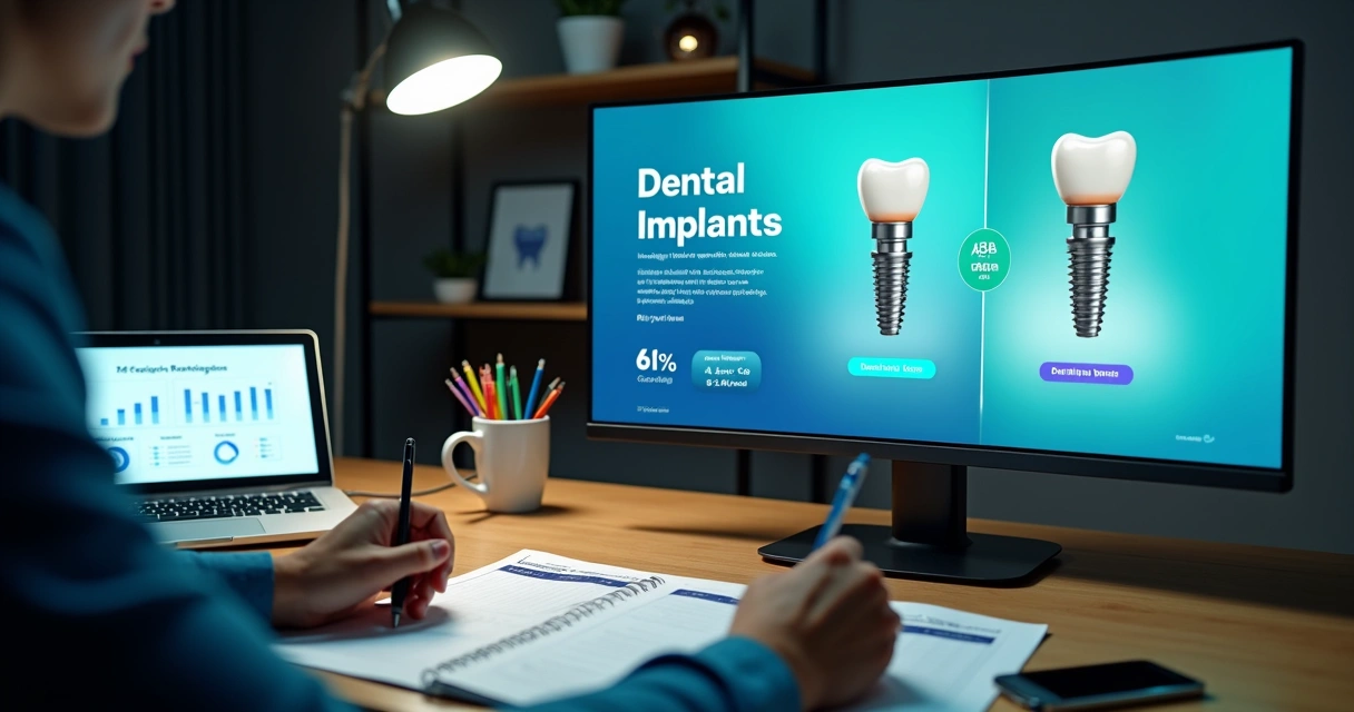 Comparação de dois anúncios odontológicos digitais em teste A/B lado a lado. 