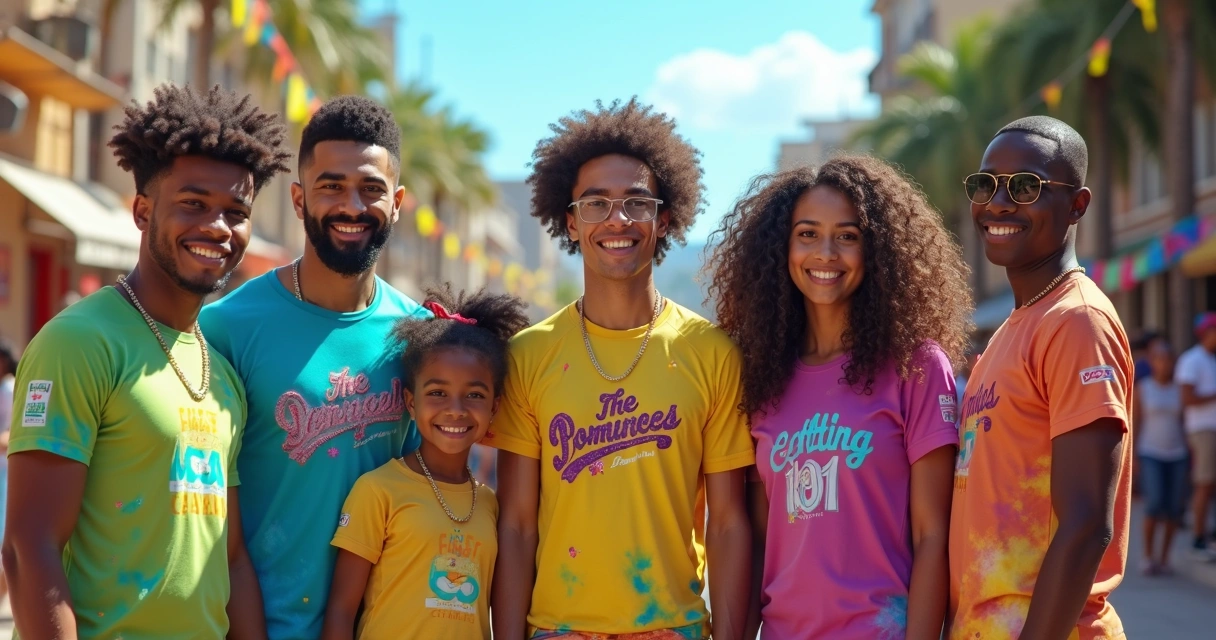 Grupo de jovens exibindo abadás personalizados coloridos em bloco de carnaval diurno 