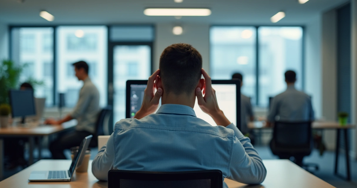 Pessoa sentada com expressão de dúvida diante de um computador, ambiente de escritório ao fundo. 