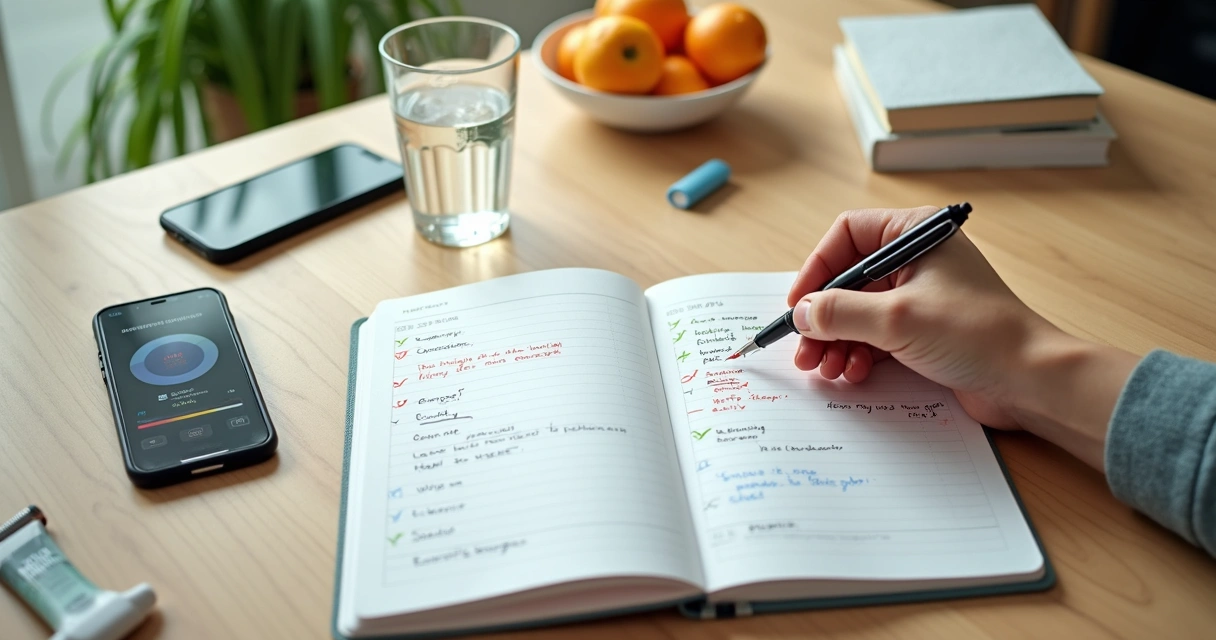 Pessoa riscando maus hábitos e destacando novas rotinas saudáveis em um planner 