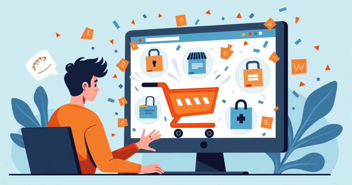 Como aumentar conversão em loja virtual: 10 passos práticos 1 Pessoa olhando para um carrinho de compras virtual vazio em uma tela colorida