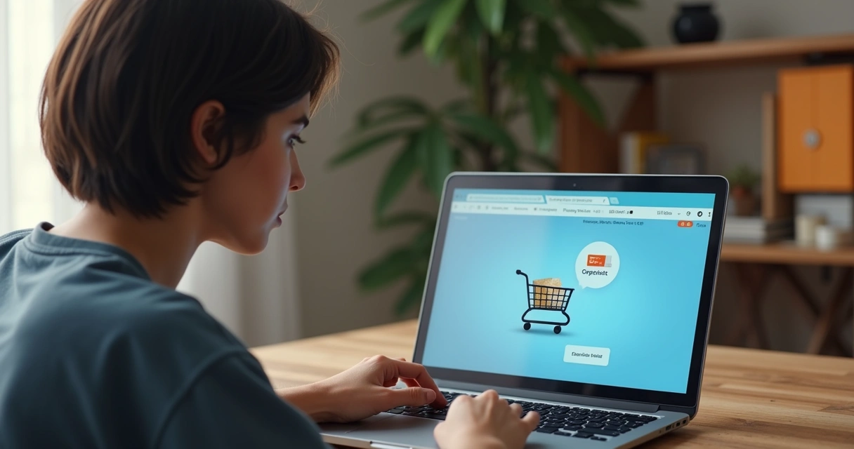 Pessoa olhando para tela de checkout em loja virtual, carrinho de compras aberto