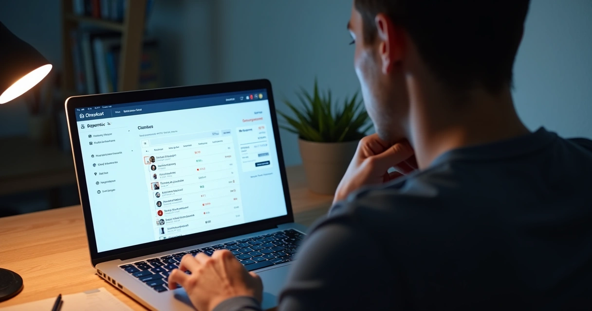 Pessoa olhando para a tela do notebook com página de checkout aberta e expressão indecisa 