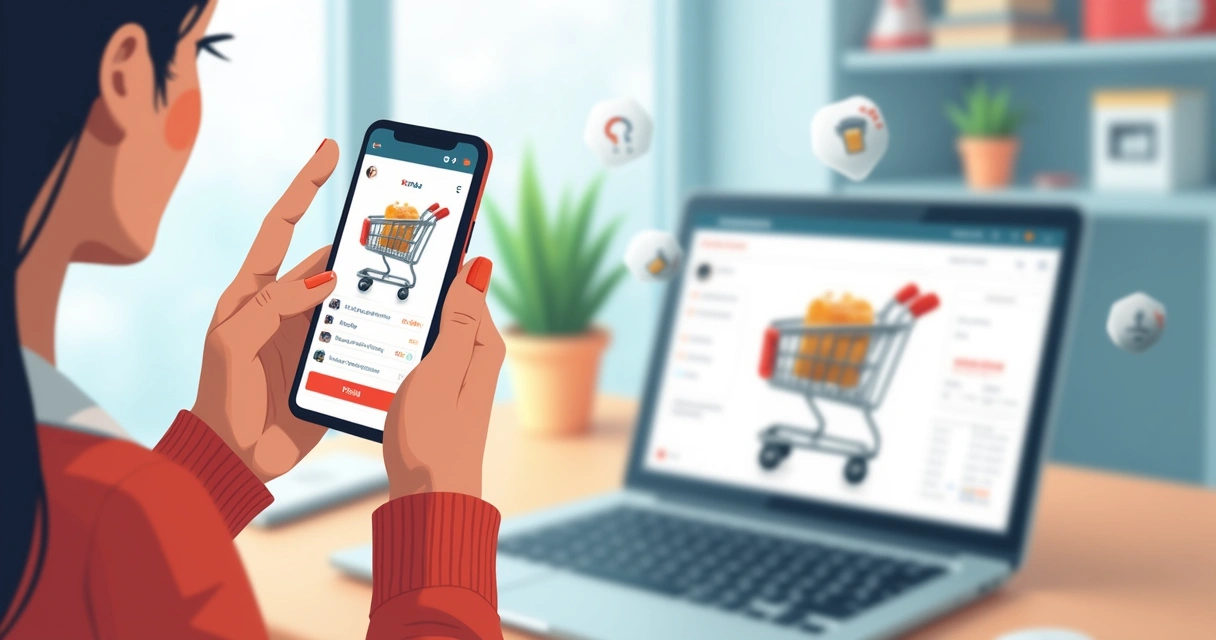 Cliente olhando para o carrinho de compras aberto no celular, itens exibidos, expressão de dúvida no rosto. 