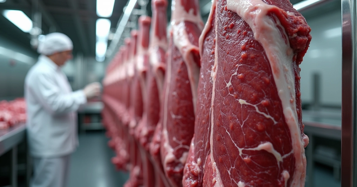 Carcaça de boi jovem em frigorífico mostrando cortes de carne de qualidade 