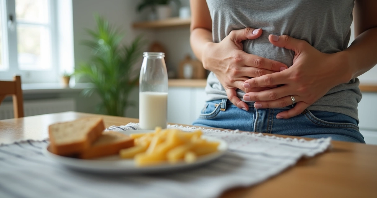 Pessoa com desconforto abdominal após refeição leve 