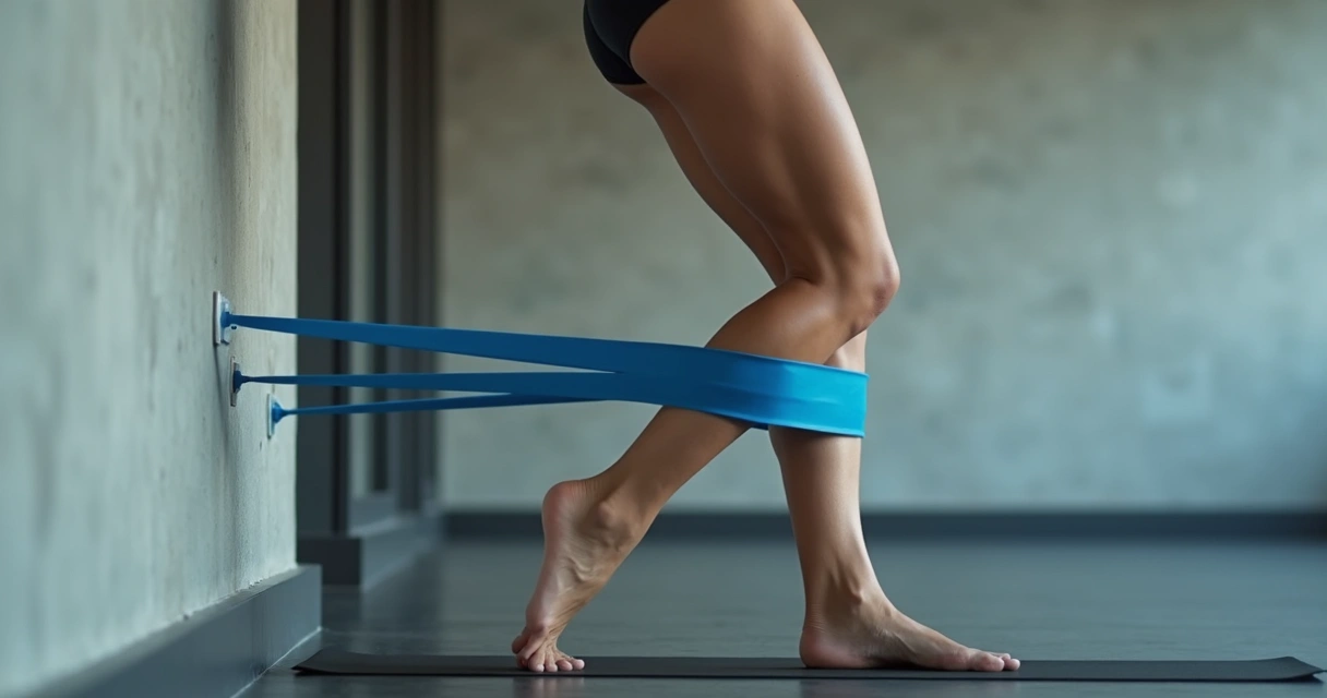Pessoa em pé fazendo abdução de quadril com faixa elástica nos tornozelos