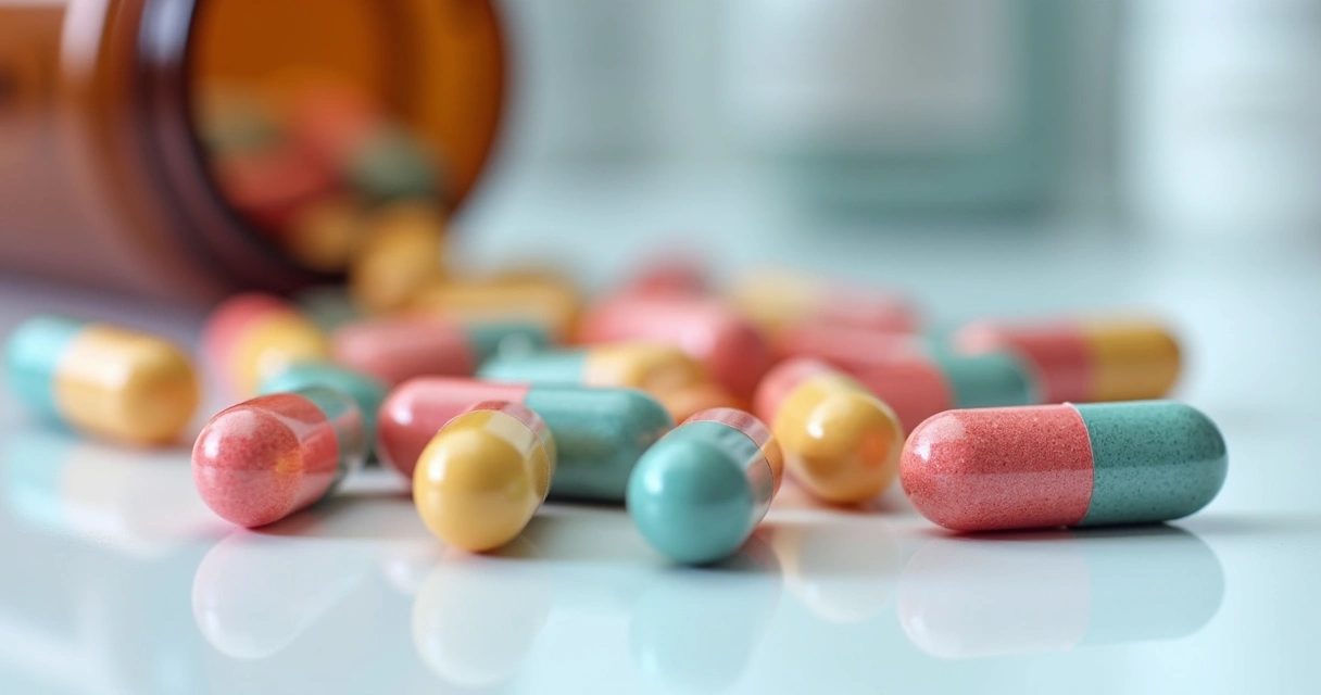 Comprimidos coloridos de abemaciclibe distribuídos sobre uma superfície branca. 