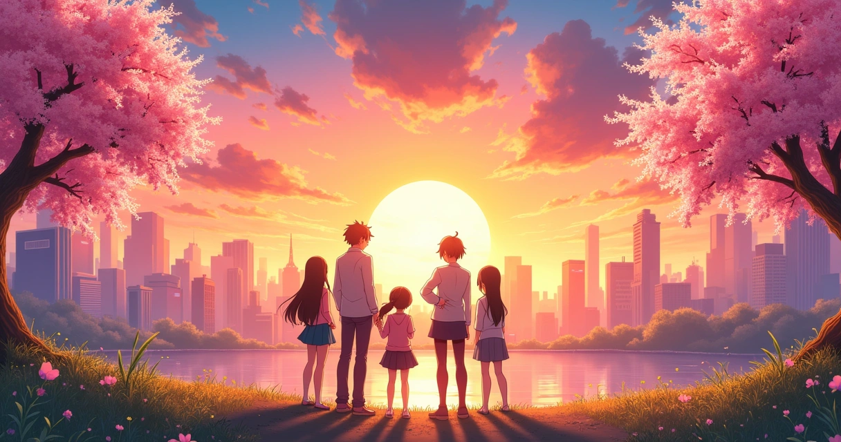 Cenário colorido de anime com personagens principais reunidos sobre cenário fantástico 