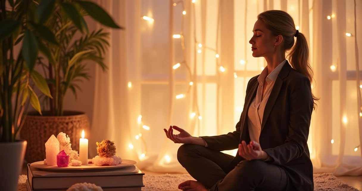 Ritual feminino de abertura de caminhos com luzes douradas, cristais e vela acesa 