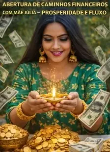 Mulher sorridente com vestimenta tradicional segura lamparina acesa cercada por moedas e cédulas de dinheiro