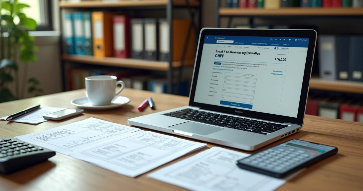 Mesa de escritório com papéis fiscais, calculadora e laptop mostrando processo de abertura de empresa no Brasil 