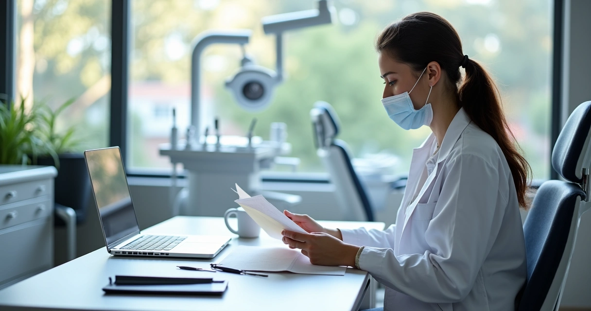 Primeira reunião em consultório de dentista com documentos
