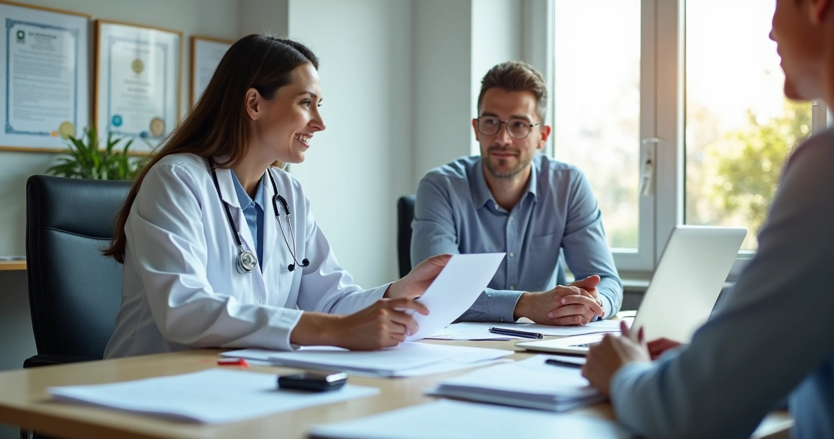 Médico e contador analisando documentos para abertura de consultório 