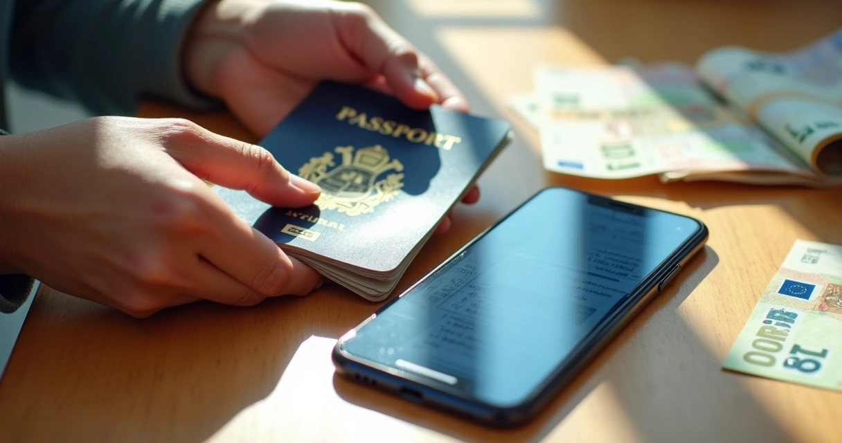 Pessoa segurando passaporte ao lado de smartphone com aplicativo bancário digital 