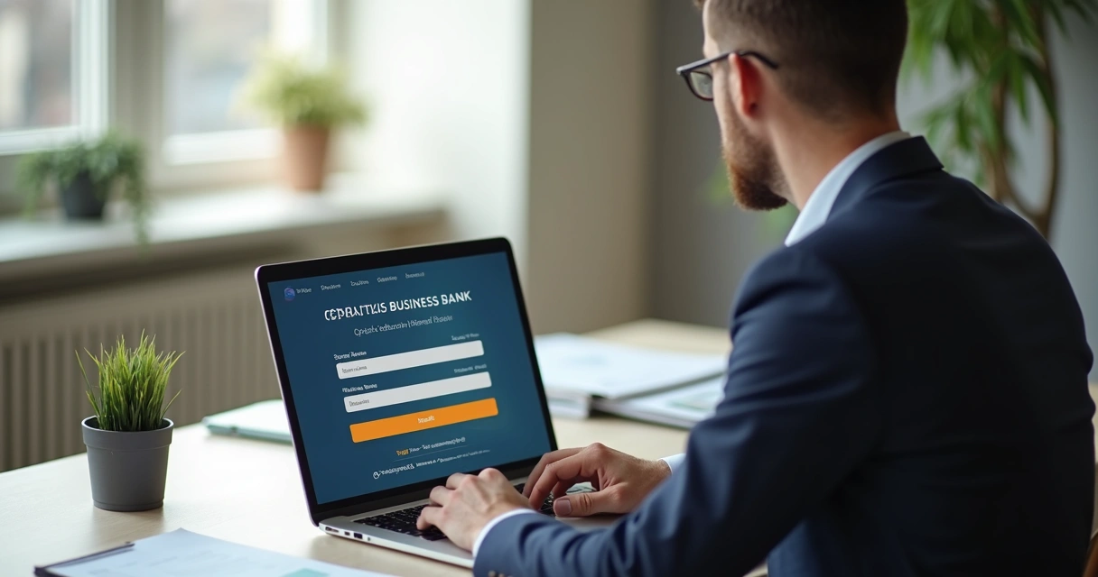 Homem sentado no escritório abrindo conta bancária em notebook 