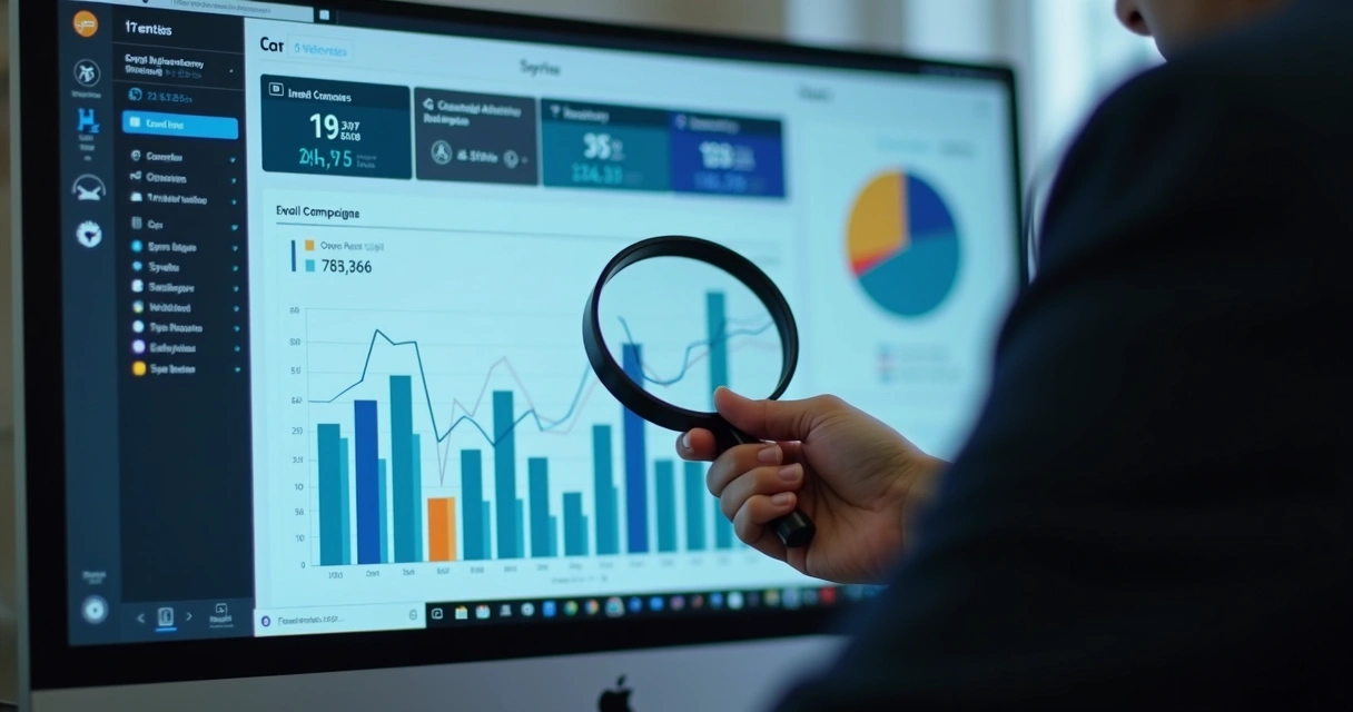 Homem analisando gráficos de taxas de abertura e cliques em tela de computador 