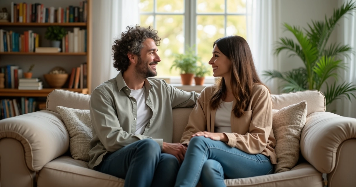 Duas pessoas sentadas em um sofá conversando de maneira acolhedora