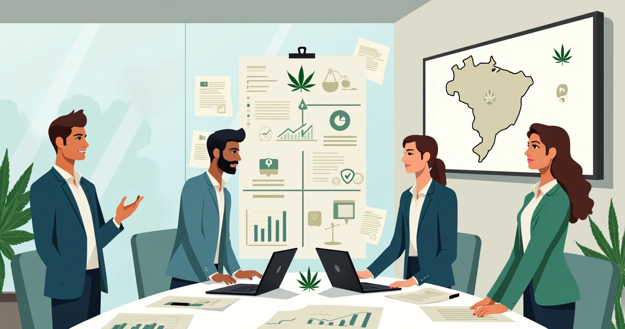 Empreendedores analisando plano de negócios de cannabis no Brasil em escritório moderno 
