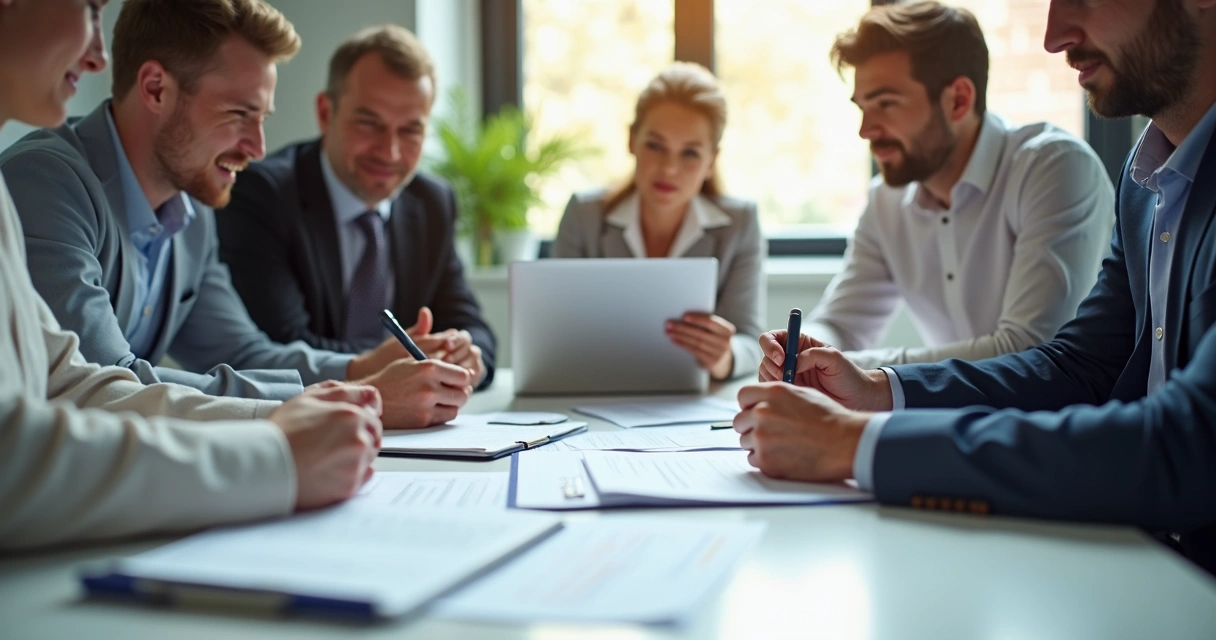 Equipe reunida em volta de mesa analisando documentos de abertura de empresa 