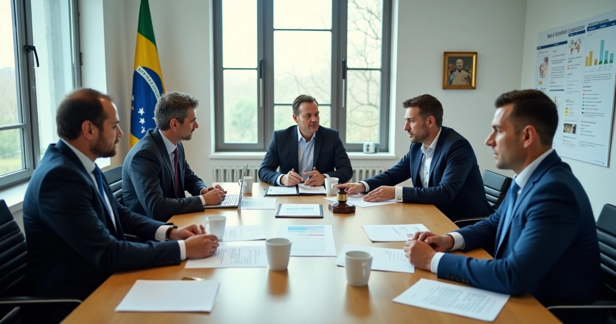 Guia Prático: Como Abrir Empresa nos EUA Passo a Passo 1 Sala de reunião moderna e iluminada com empresários brasileiros e americanos ao redor de uma mesa discutindo documentos