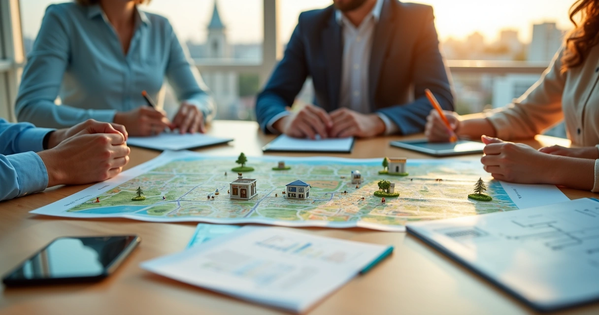 Empreendedores analisando mapa de Ijuí com ícones de negócios sobre a mesa 