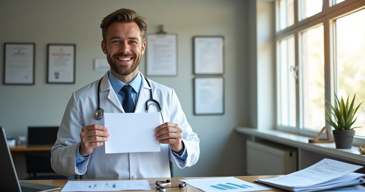 Médico sorridente segurando certificado de abertura de empresa em escritório de contabilidade.