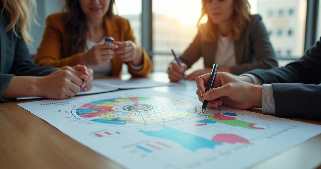 Pessoas analisando gráficos empresariais e mapa astrológico ao fundo 