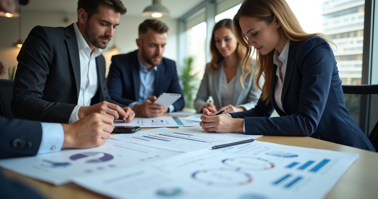 Reunião de empresários e contadores analisando documentos de abertura de empresa 