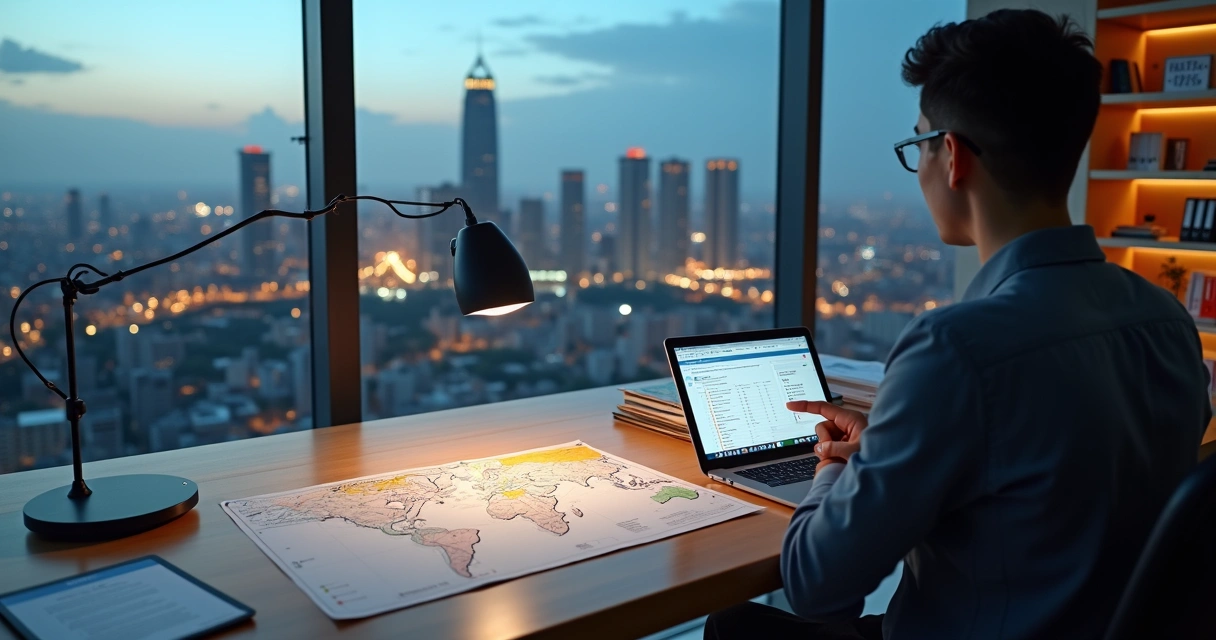 Consultor contábil analisa mapa da cidade com novas filiais marcadas no escritório 