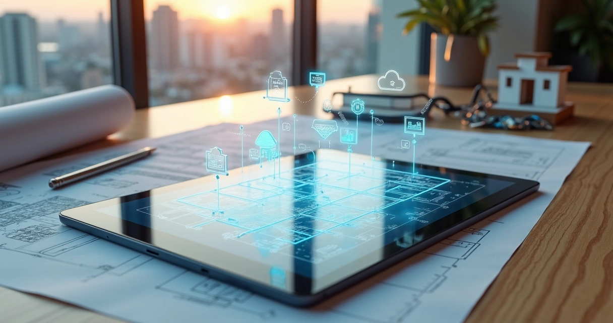 Planta de imobiliária desenhada sobre tablet com ícones digitais de tecnologia imobiliária 