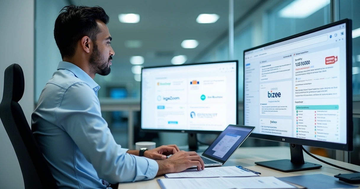 LLC nos EUA: comparativo 2026 dos principais serviços online 1 Empresário brasileiro com documentos analisando diferentes opções de abertura de LLC nos EUA, várias telas de computador com marcas de plataformas jurídicas na mesa.