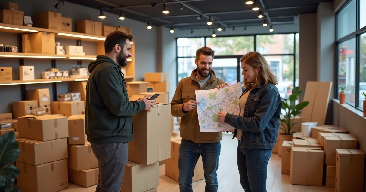 Equipe preparando inauguração de uma nova loja, caixas e cartazes ao fundo 