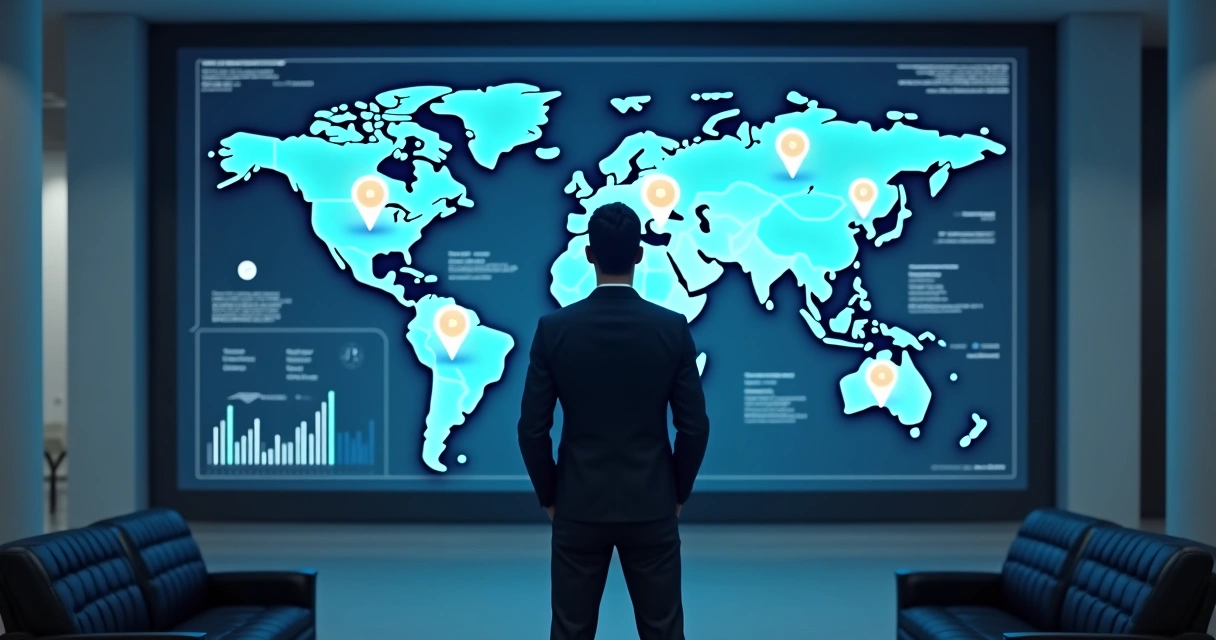 Empresário analisando oportunidades de negócio em painel digital