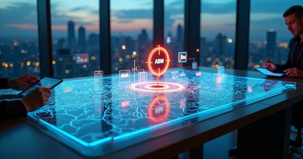 Mapa urbano com contas B2B em destaque ligadas a um alvo central de ABM 