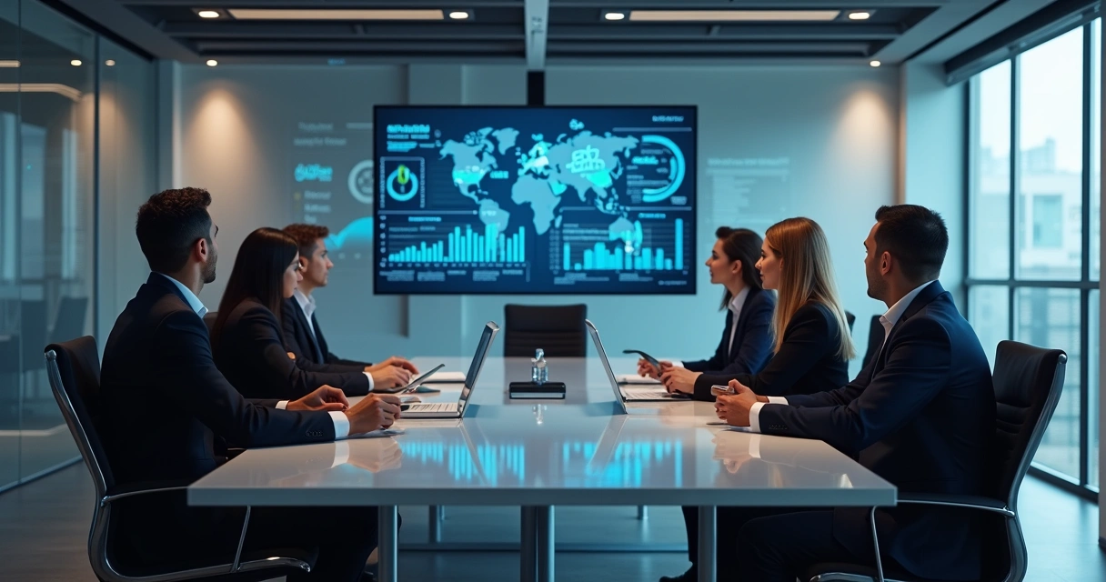 Equipe analisando contas empresariais para ABM em uma tela grande 