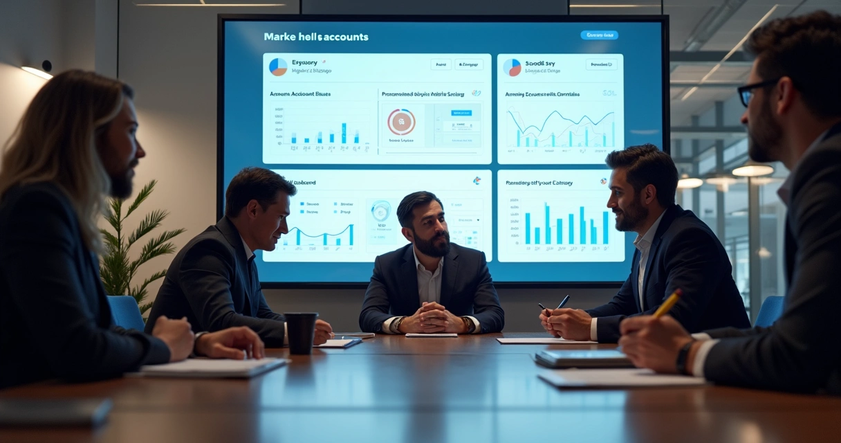 Equipe de marketing e vendas SaaS reunida em sala moderna debatem contas estratégicas. 