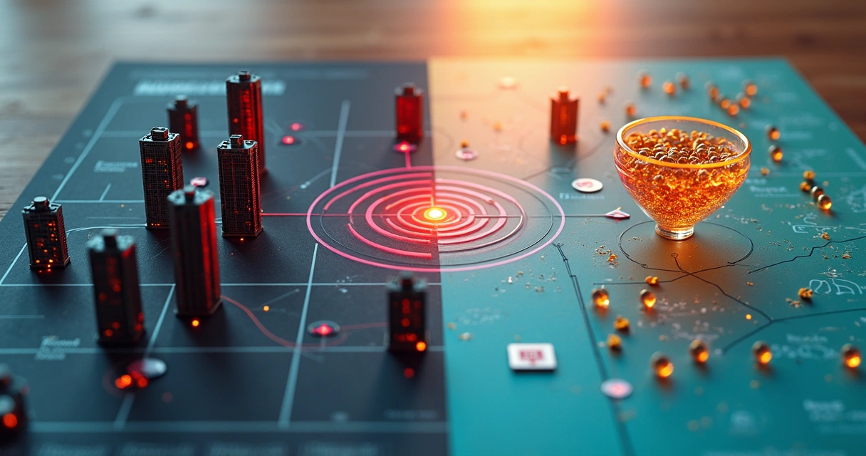Vista superior de duas estratégias opostas desenhadas em tabuleiro de jogo com peças diferentes 