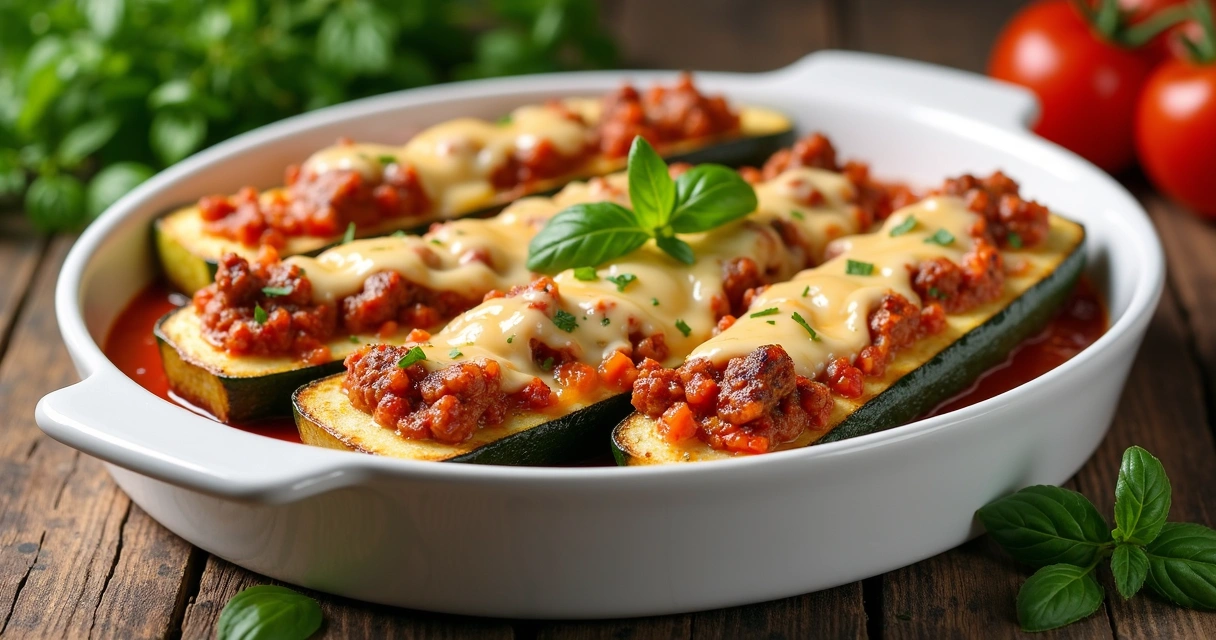 Abobrinha recheada gratinada em uma travessa 