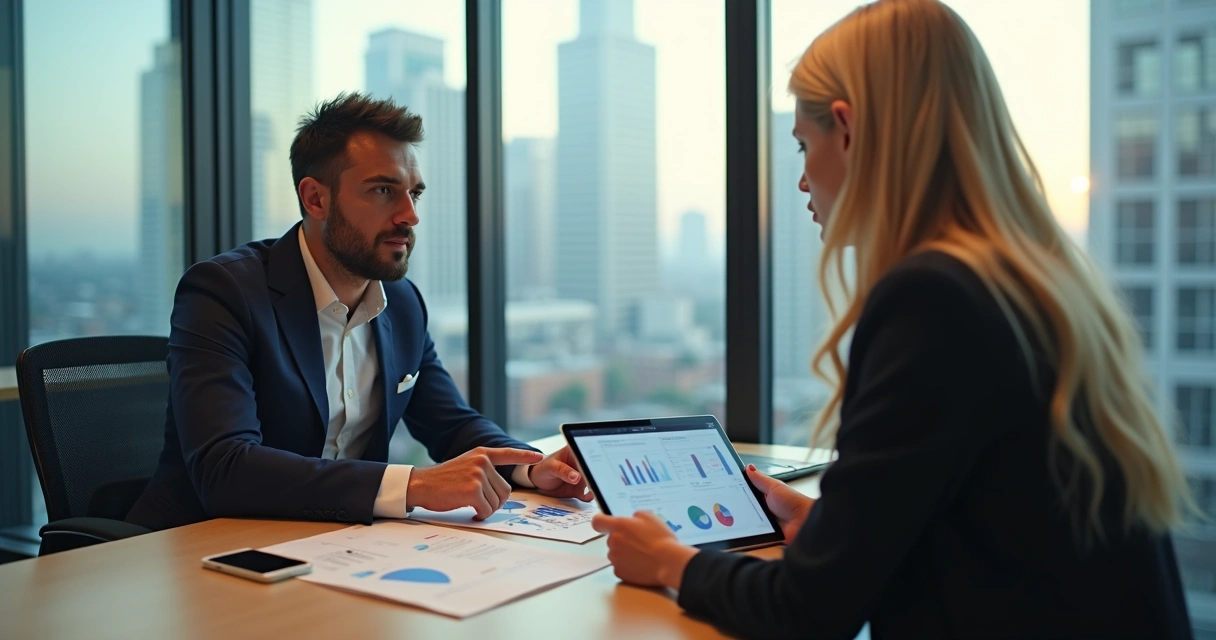 Profissional de BPO conversando com cliente em escritório moderno 