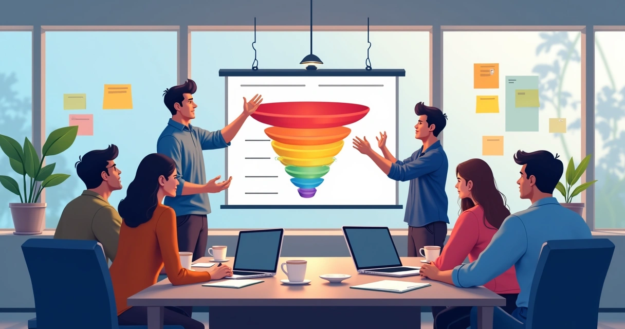 Equipe organizando funil de vendas em escritório moderno 