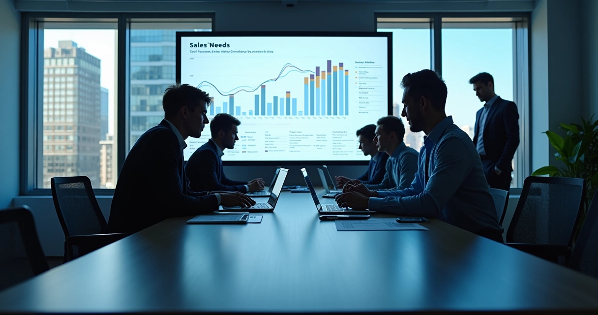 Equipe de vendas analisando necessidades de clientes numa mesa de reunião, papéis e laptops espalhados, gráfico na tela. 